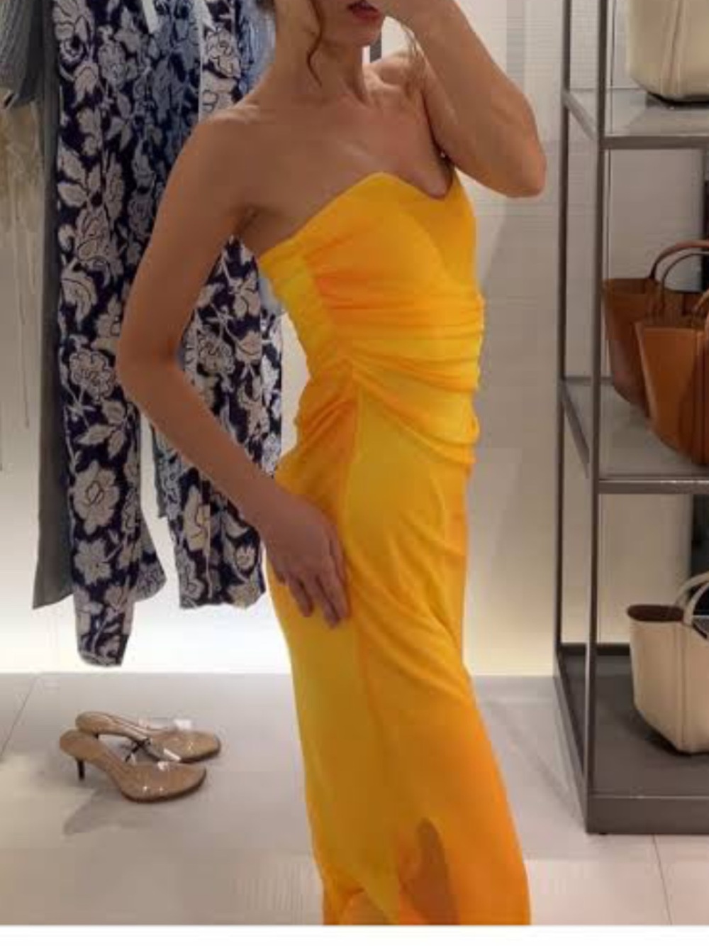 Zara Strapless Ruched Yellow Evening Dress Size Medium
